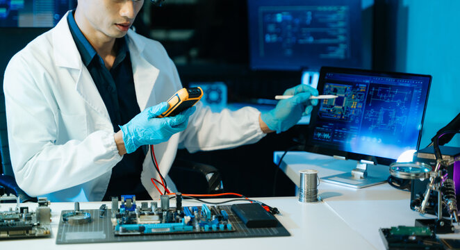 Technician testing computer motherboard with multimeter in a high-tech electronics lab, analyzing hardware diagnostics, cybersecurity systems