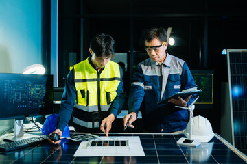 Engineers designing renewable energy project using wind turbine model and solar panels while...