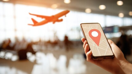 Obraz premium Person holds smartphone showing baggage tracking map with an airplane flying in the background at an airport terminal.