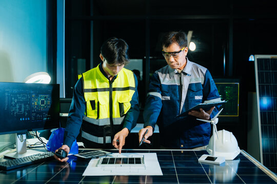 Engineers designing renewable energy project using wind turbine model and solar panels while reviewing digital blueprint. Concept of clean power, sustainability