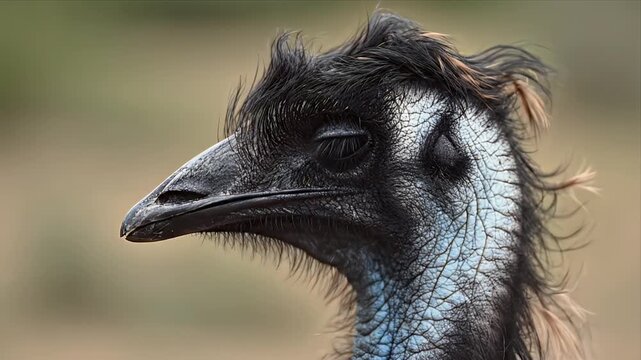 Close-up Profile of an Emu Bird with Detailed Black Feathers and Blue Neck in Natural Outdoor Setting
