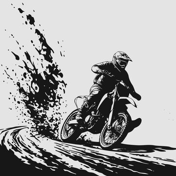 Motocross rider navigating a muddy terrain with splashing mud, dynamic illustration, action-packed scene