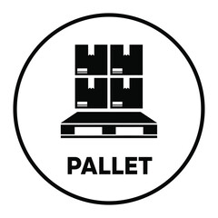 Obraz premium A simplified black and white circular icon depicts stacked cardboard boxes on a wooden pallet with the word pallet below high quality professional detailed modern elegant