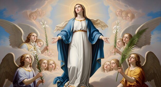 The Assumption of Mary into Heaven with Angels.