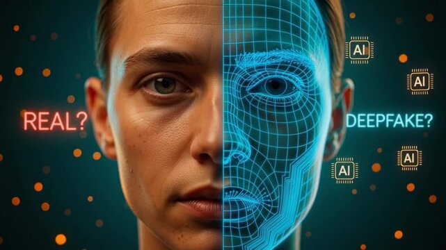 AI face recognition detector between real image or deep fake image. Distinguishing authentic content from synthetic media. Authentic human reality and digital manipulation by artificial intelligence