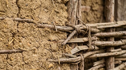 Fototapeta premium Rustic Close-up of Traditional Wattle and Daub Building Structure