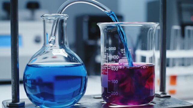 Laboratory beakers with colorful liquids and scientific equipment