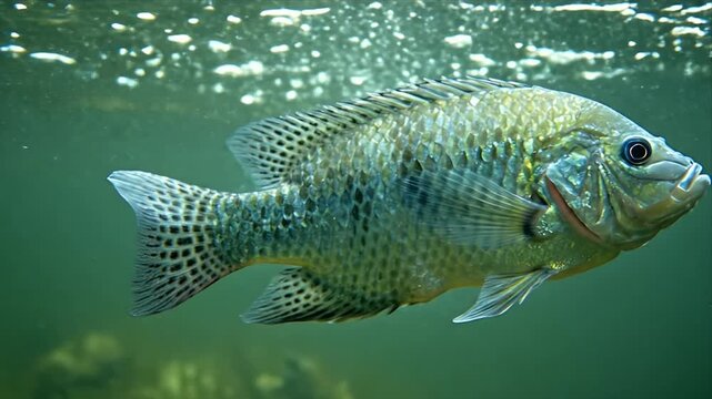Detailed Medium Shot Of A Bluegill Sunfish Swimming In Murky Green Water With Sun Rays Filtering From Above