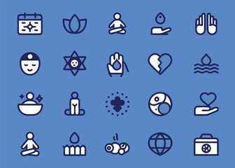 Fototapeta premium Twenty blue and white thick-line vector icons for emotional health and spiritual practices are arranged on a solid blue background.
