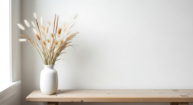 Elegant minimalist interior decor featuring dried lagurus ovatus rabbit tail grass in a white ceramic porcelain vase placed on a rustic wooden bench against a clean bright studio wall background