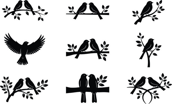 Elegant Black Bird Silhouettes Perched on Branches and Flying Isolated on White Background for Nature Design