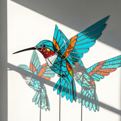 Fototapeta premium Vibrant Stained Glass Hummingbird Art with Colorful Shadows on a White Wall