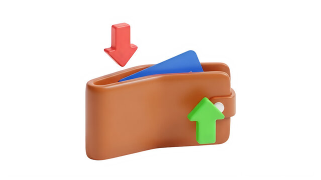 A brown wallet with a red arrow pointing downwards and a blue and green card being inserted. isolated on transparent background