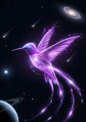 Fototapeta premium Ethereal cosmic hummingbird glowing in deep space with galaxy and stars