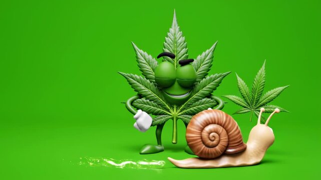 Cartoon cannabis character with snail on green screen for animation and funny educational content in 3d rendering