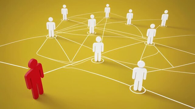 Red Human Figure Connecting to a Network of Multiple White Figures via a Growing Web of Lines on a Vibrant Yellow Background