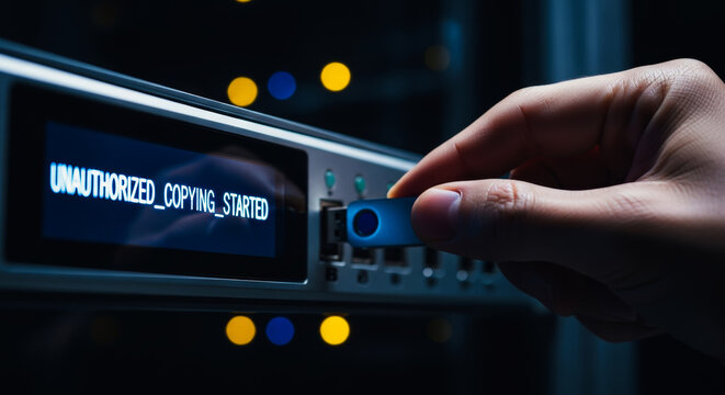 Close-up of a hand inserting a USB flash drive into a server port with a screen warning of unauthorized data copying.