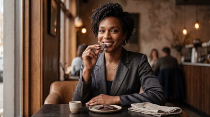 A sophisticated woman enjoys a delectable treat within a cozy cafe, her genuine smile radiating warmth and contentment. The scene conveys a moment of pure bliss amidst a charming indoor setting.