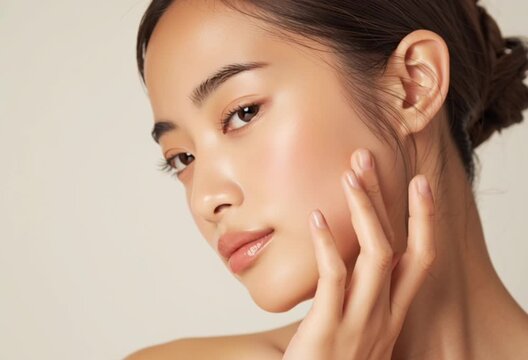 Retrato em v&iacute;deo K Beauty de mulher coreana tocando o rosto: Conceito de beleza limpa com brilho natural