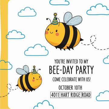 Cute cartoon bees celebrating a bee-day party invitation.