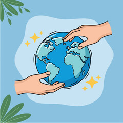 Fototapeta premium Two hands holding and touching planet Earth illustration.