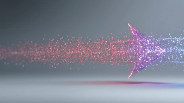 Data transfer arrows show movement of information in a digital space with bright particles