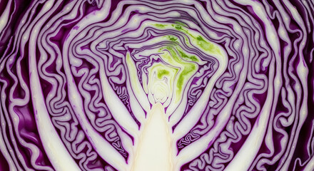 Obraz premium A vibrant purple and white cross-section of a cabbage, showcasing its intricate layers and texture.