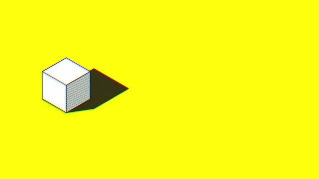 Geometric white cube with halftone patterns on one face positioned in a minimalist yellow space with high contrast lighting and chromatic edges