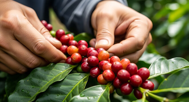 Fresh red coffee cherries being picked in the plantation