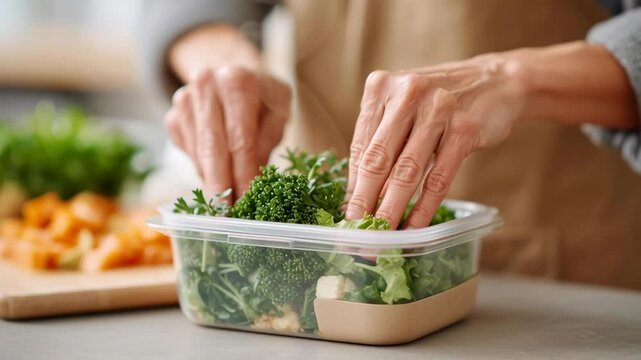Hands carefully pack greens into a clear container. Fresh vegetables surround the preparation area. No visible emotion, but careful motion implies care. Ideal for health, wellness