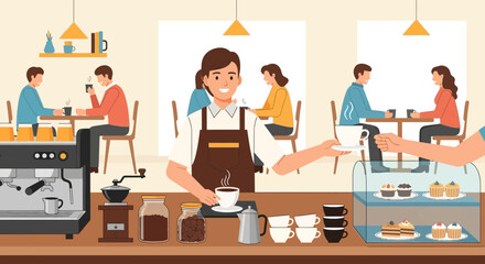Fototapeta premium Barista serving coffee to customers in a cozy cafe with pastries and coffee machine