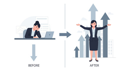 Fototapeta premium Before and After: Tired Woman Transformed into Successful Businesswoman with Growth Arrows