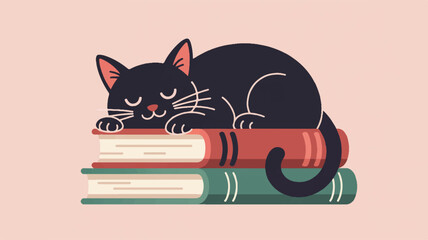 Sleeping black cat on stack of colorful books relaxation and reading concept calm atmosphere