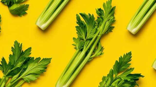 Fresh celery green vegetable stalk leaf herb pattern on yellow background vibrant healthy food