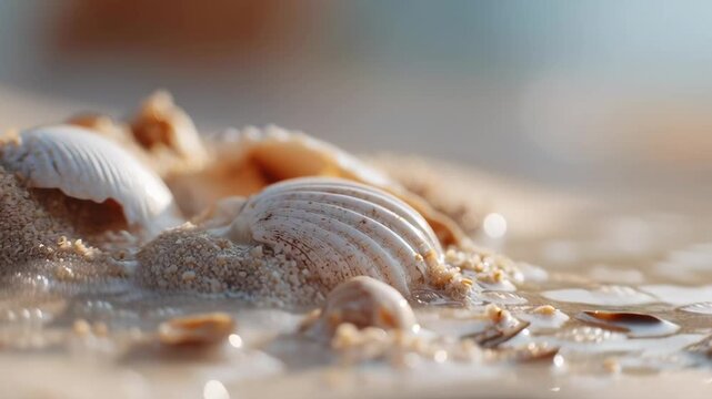 Sunlit shells rest in gentle, wet sand. Water laps softly at the beach's edge. Tiny droplets shimmer in the golden glow. Peaceful tide retreats, leaving quiet treasures. Ideal for calm, coastal