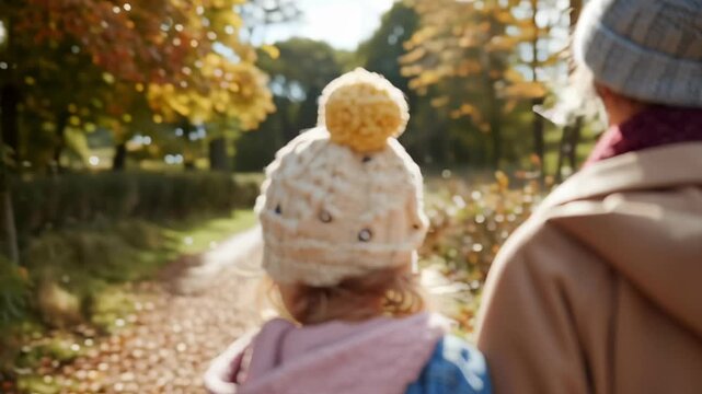 Soft autumn light bathes a woodland path. Child in a knitted hat walks beside an adult. They move slowly, hand in hand, through golden leaves. No visible emotion, only quiet companionship
