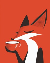 Obraz premium a fox drinking tea - minimalist naive folk illustration