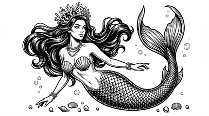 Naklejka premium Mermaid with Flowing Hair and Seashell Top, Classic Retro Fantasy Style Engraving Sketch, Generative AI Fictional Character Vector Illustration