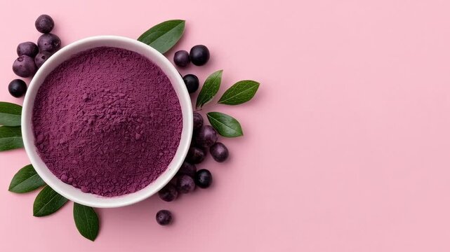 Acai berry powder bowl on pink background antioxidant superfood supplement organic vegan healthy