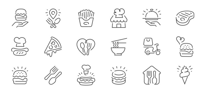 Fast food line icons set. Burger, pizza, fries, hot dog, restaurant, delivery outline vector symbols