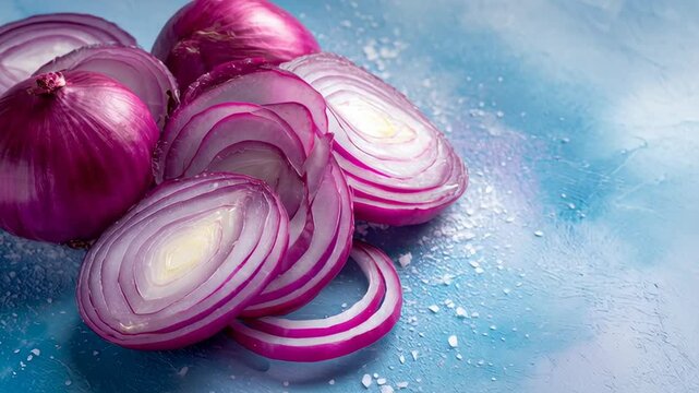 Red onion slice vegetable fresh closeup healthy food ingredient vibrant red bulb on blue