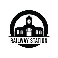Fototapeta premium A striking black and white emblem depicts a classic railway station building with a prominent clock tower framed by a circular design high quality professional detailed
