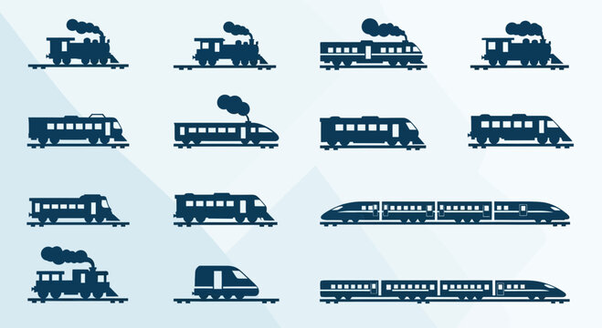 Collection of diverse train silhouettes: old steam engines to modern high-speed trains