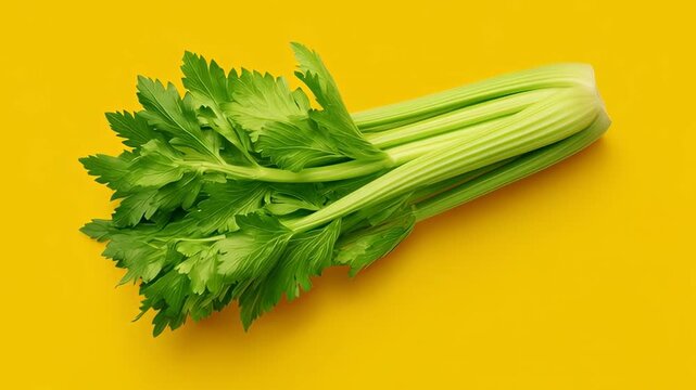 Celery green vegetable fresh stem leaf healthy organic diet vibrant stalk food on yellow