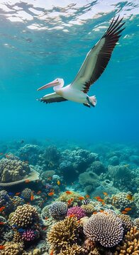 Pelican swimming over coral reef underwater.