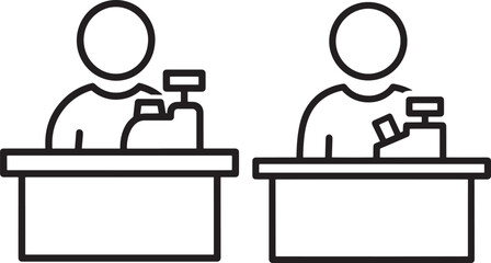 Fototapeta premium Two icons of cashiers at a counter with cash registers, representing retail, sales, or customer service