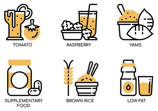 Set of 6 Outline Vector Food and Drink Icons with Yellow Accents: Tomato, Raspberry, Yams, Supplementary Food, Brown Rice, and Low Fat for Healthy Lifestyle Concepts