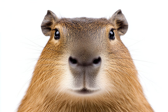 Close up portrait of a cute capybara face looking at camera isolated on white