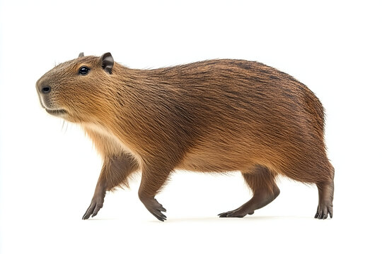 Capybara walking in side profile view isolated on pure white background