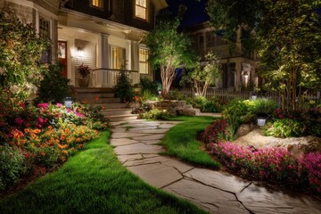 Fototapeta premium A vibrant garden pathway adorned with colorful flowers and twinkling lights beautifully illuminates the night near a charming house in a peaceful suburban neighborhood.